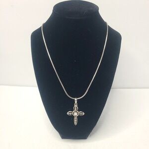 Vtg Sterling Silver Silpada Cross Necklace Pearl Center  22" Snake Chain Retired